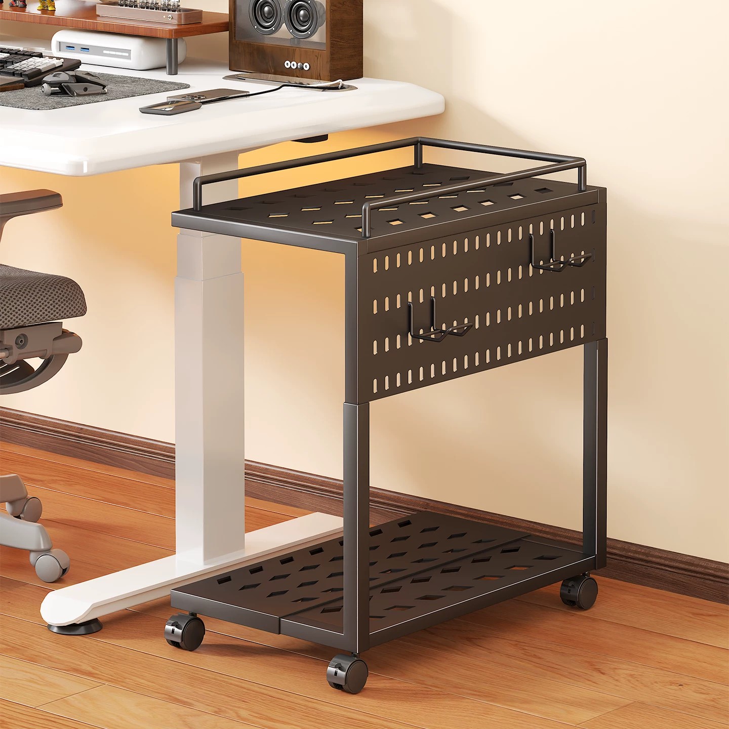 Office Furniture Brands - コンピューターメインホストブラケットスタンドモバイルオフィスデスクテーブルの下デスクトップケースベースホームオフィスローラー収納ラック付き