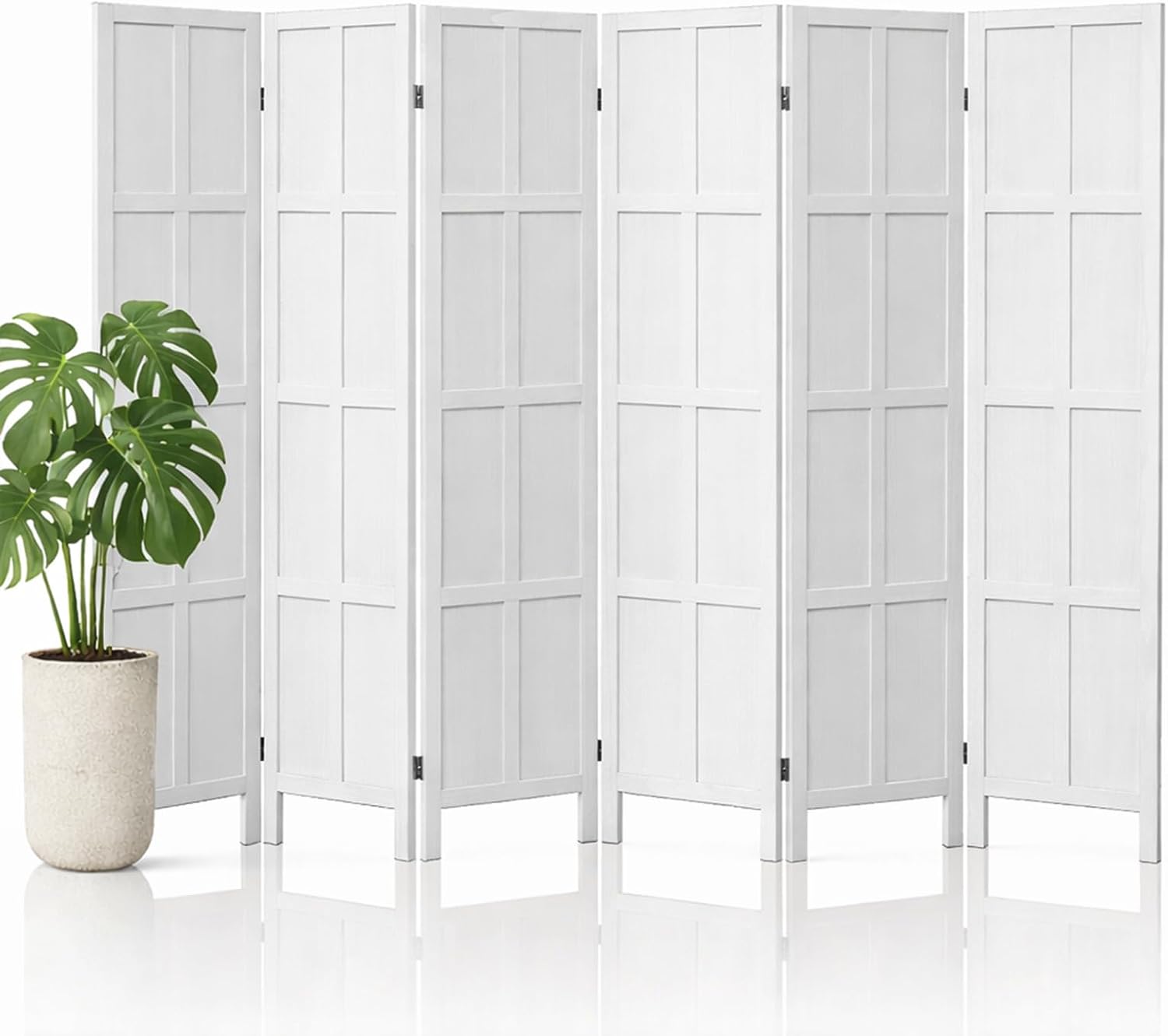 Partition Screen Divider - 6パネル木製間仕切り・折りたたみ式プライバシースクリーン 67インチ、ホワイト | 無垢の桐材を使用した360度回転式間仕切り ° ヒンジ
