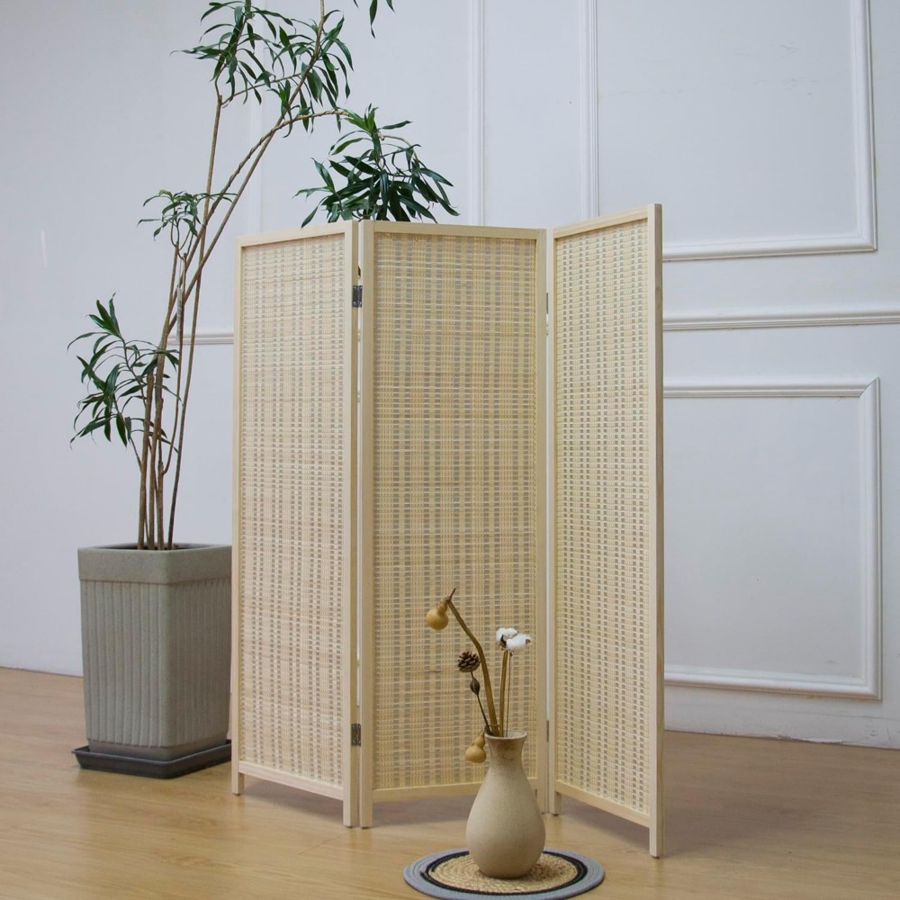 Partition Screen Divider - 3枚パネルのショートルームディバイダースクリーン、ベージュの自立型パーティション、部屋の仕切り用小型竹製パネルディバイダー、高さ3.95フィート