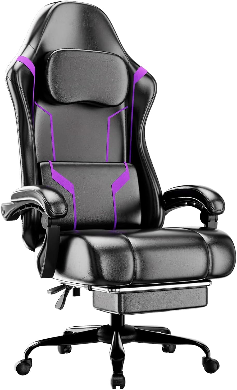 Office Chair Cushion - ポケットスプリングクッションとフットレスト付き人間工学に基づいたゲーミングチェア、高さ調節可能な回転式コンピューターチェア、ホームオフィス用、パープル