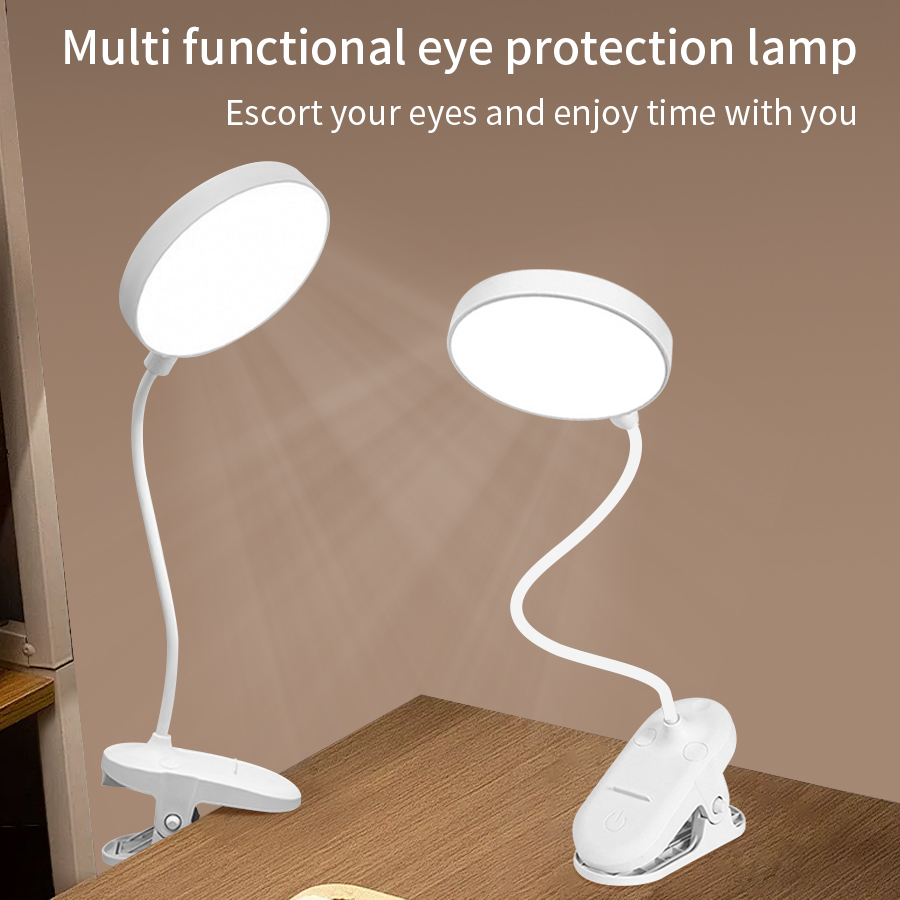 Desk Lamp - LEDクリップデスクランプ360 ° 柔軟なタッチ調光機能付きUSB充電式読書灯、スマホホルダー付き、学生向けアイケア学習ランプ